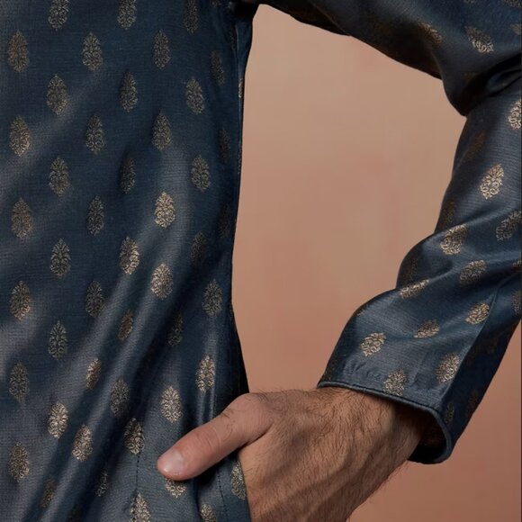 Manyavar Grey Kurta Pajama Set With Golden Motif (sherwani) - Picture 9 of 9